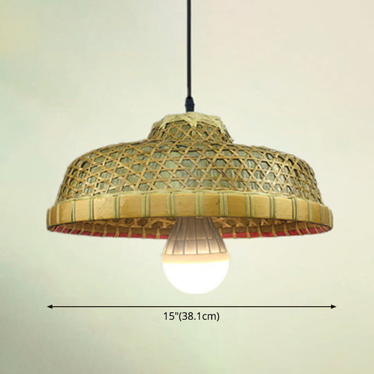 Farmers Hat Pendant: Asian Inspired Bamboo Woven Ceiling Lamp In Wood