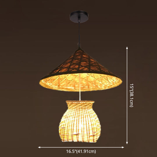 Farmers Hat Pendant: Asian Inspired Bamboo Woven Ceiling Lamp In Wood