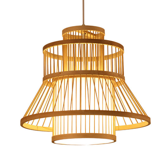 Nordic Bamboo Pendant Light Fixture - Wood Flared Design For Diners