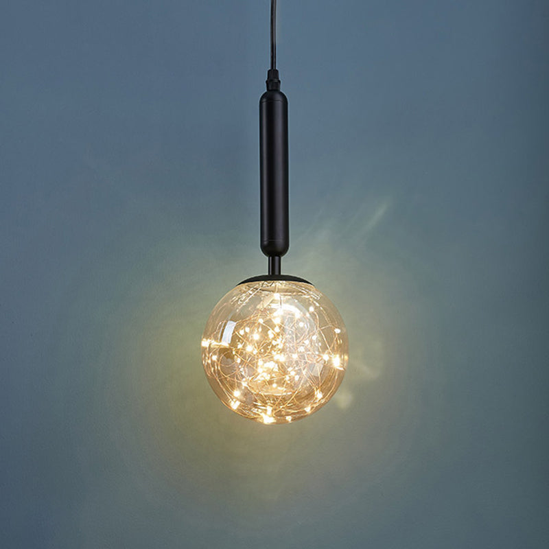 Amber Glass Ball Pendulum Light - Nordic Style Led Pendant With Starry String 1 Head Black / Warm