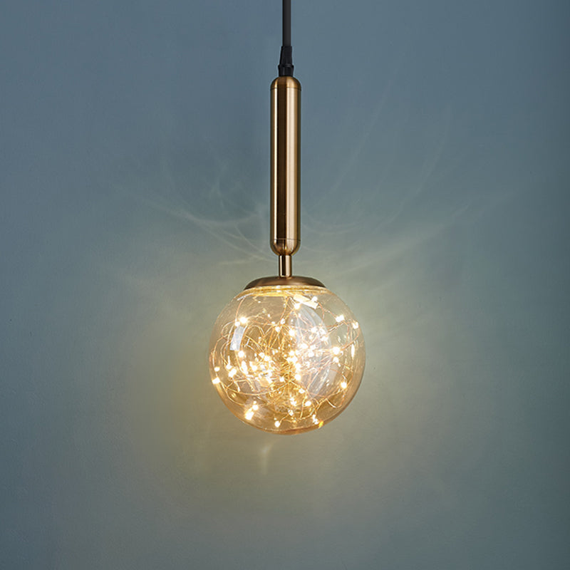 Amber Glass Ball Pendulum Light - Nordic Style Led Pendant With Starry String 1 Head Gold / Warm