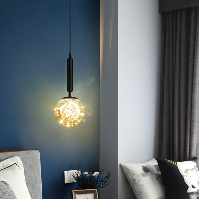 Amber Glass Ball Pendulum Light - Nordic Style LED Hanging Pendant