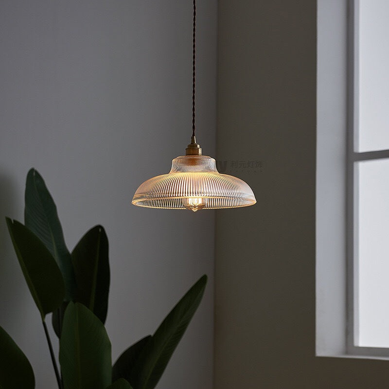 Cafe Pendant Lighting: Retro Bowl Shaped Clear Striped Glass Lamp With Brass Finish