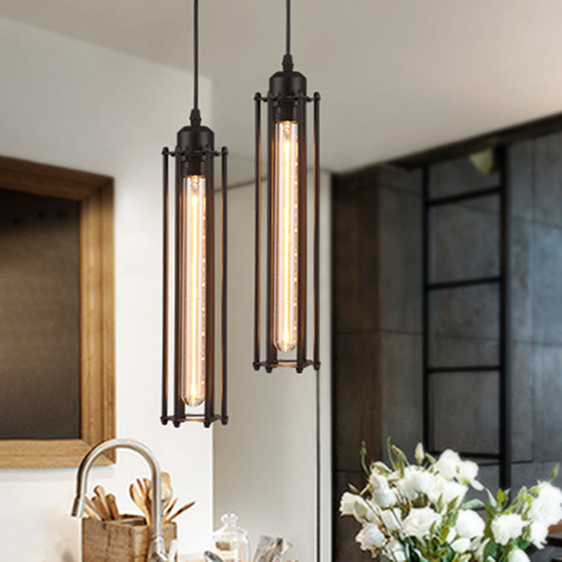 Industrial Black Iron Cage Pendant Light - 1-Bulb Cylindrical Ceiling Fixture For Bars / Vertical