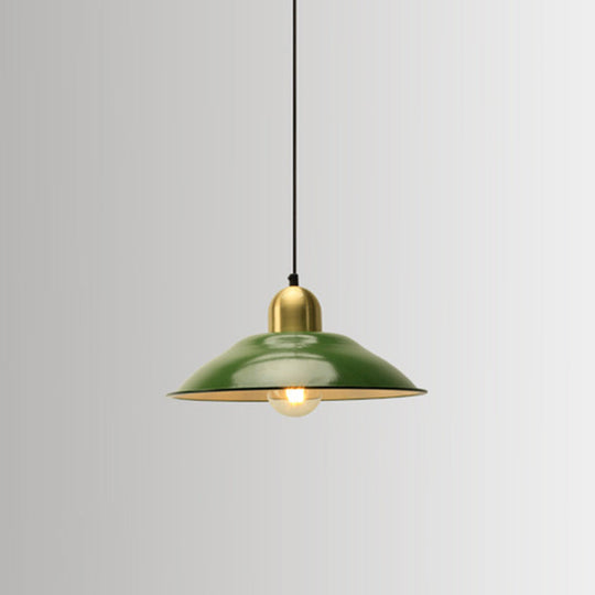 Retro Enamel Green Metal Suspension Lamp For Cafe - 1-Light Hanging Fixture / Saucer