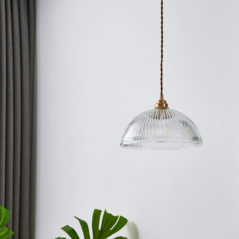 Ribbed Glass Bowl Shaped Shaded Pendant Light For Dining Room Lighting
