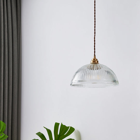 Ribbed Glass Bowl Shaped Shaded Pendant Light For Dining Room Lighting