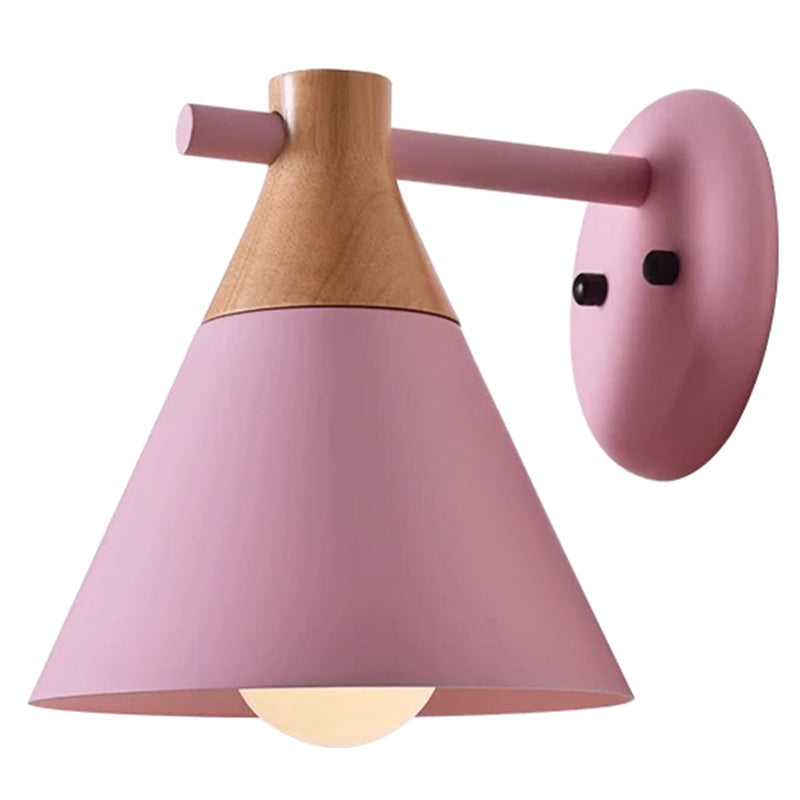 Solid Wood Nordic Macaroon Sconce Light Fixture With Metal Wall Arm Pink