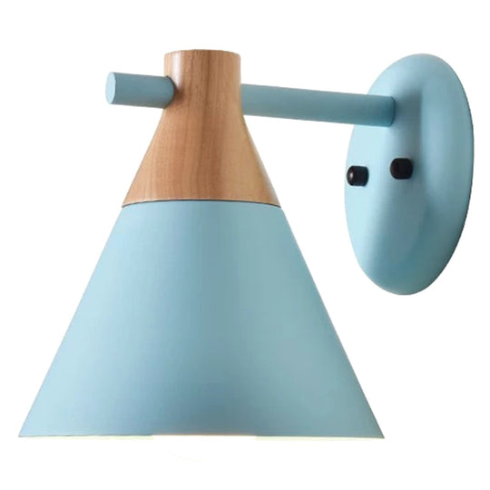 Solid Wood Nordic Macaroon Sconce Light Fixture With Metal Wall Arm Blue