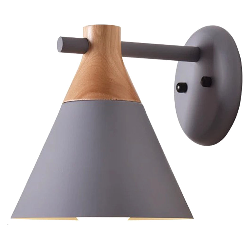 Solid Wood Nordic Macaroon Sconce Light Fixture With Metal Wall Arm Grey