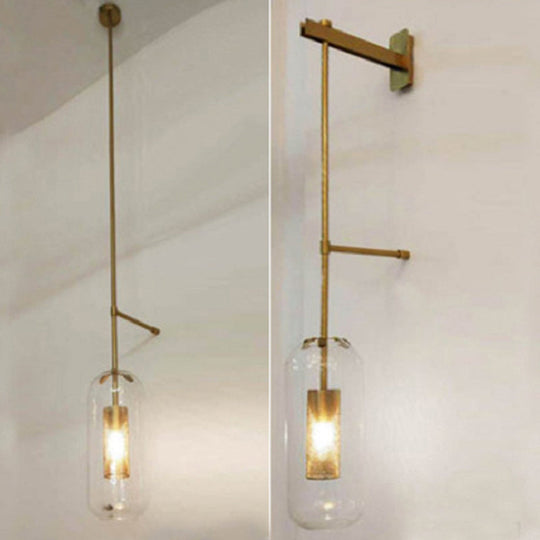 Vintage Brass Wall Lamp With Clear Glass Cylinder Shade - 1-Light Sconce For Corridor & Living Room