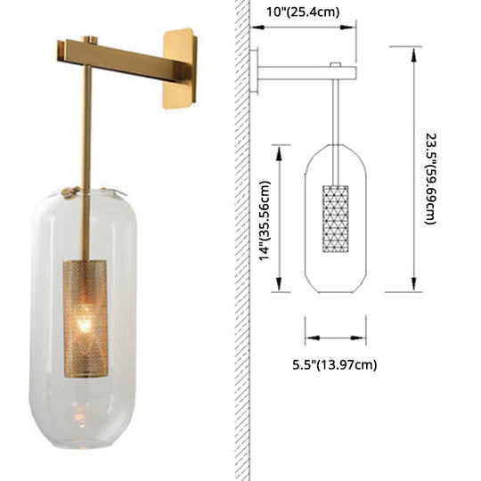 Vintage Brass Wall Lamp With Clear Glass Cylinder Shade - 1-Light Sconce For Corridor & Living Room