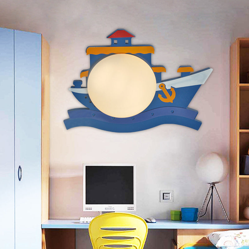 Cartoon Boat Kids Room Sconce Led Wall Light Fixture For Playful Illumination Blue