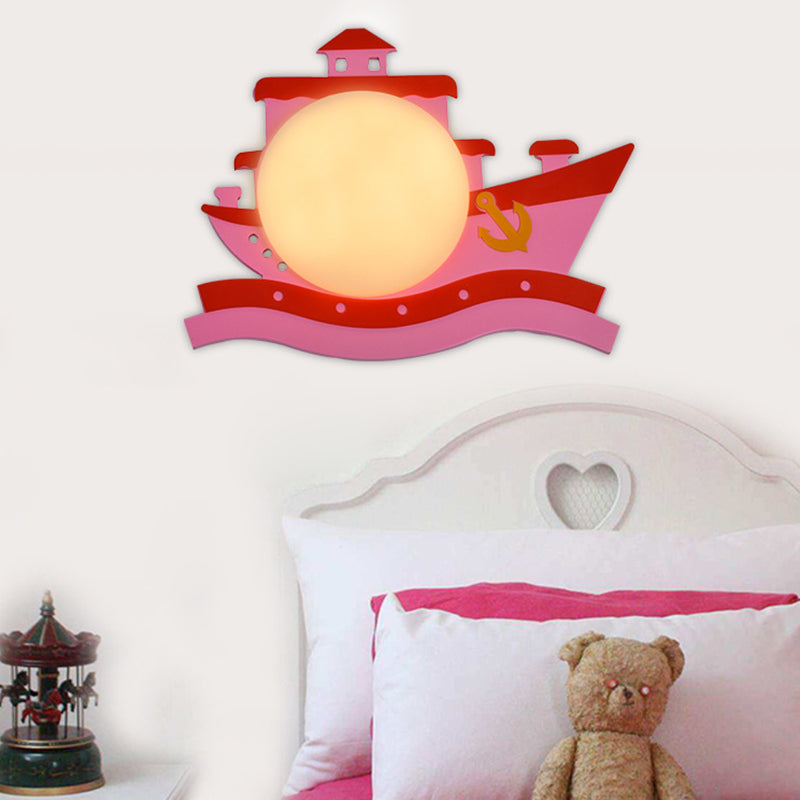 Cartoon Boat Kids Room Sconce Led Wall Light Fixture For Playful Illumination Pink