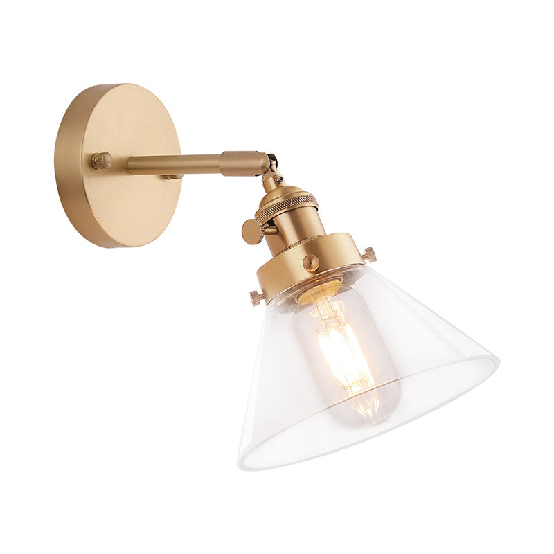 Vintage Retro Brass Wall Sconce With Clear Conical Glass Shade