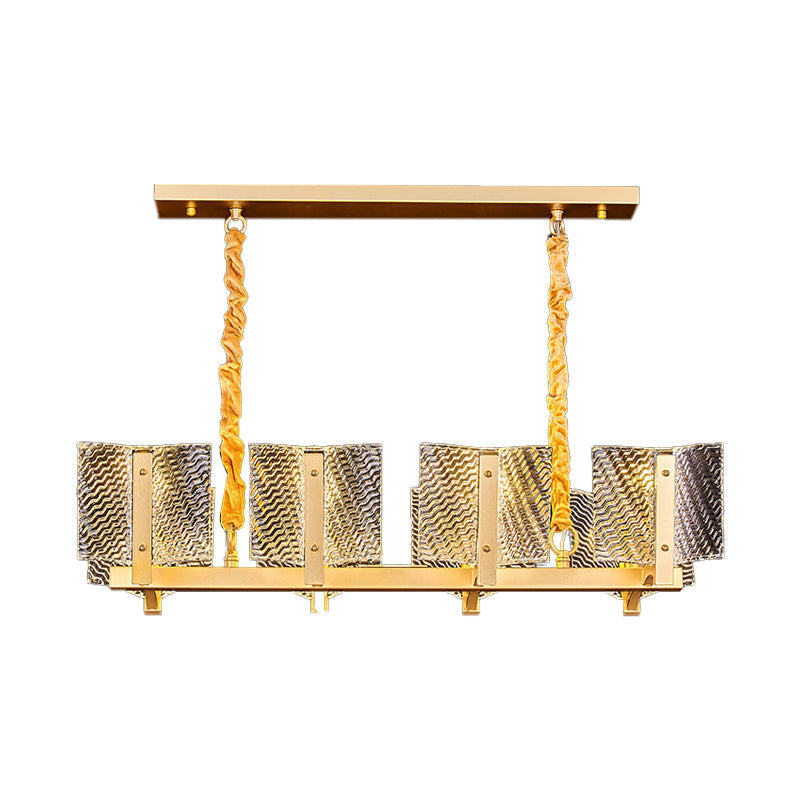Contemporary Linear Chandelier: Brass Finish Square Glass Panel 8-Light Hanging Lamp