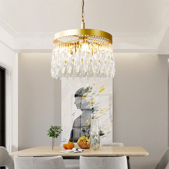Contemporary Circle Chandelier Pendant Light: 5-Light Brass Fixture With Crystal Teardrop Shade