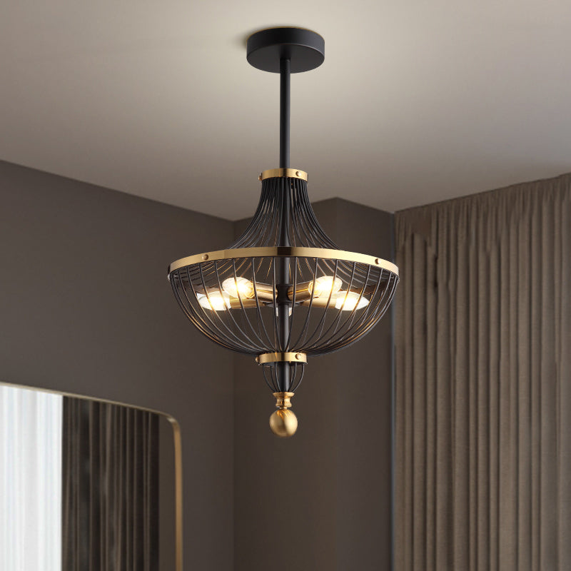 Vintage Black And Gold Metal Empire Chandelier - 5 Bulb Hanging Pendant Light Fixture