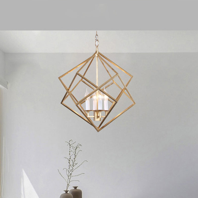 Industrial Metal Pendant Light Fixture - Prismatic/Rhombus Cage Shade, 4-Light Suspension in Gold