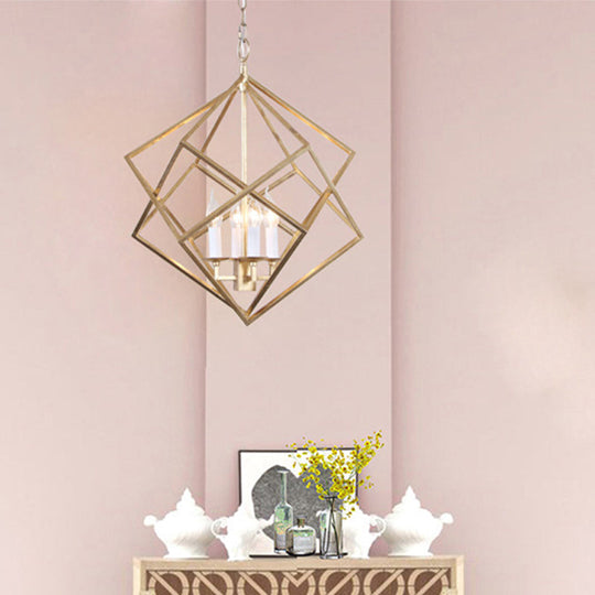 Gold Industrial Metal Pendant Light Fixture: Prismatic/Rhombus Cage Shade 4-Light Suspension