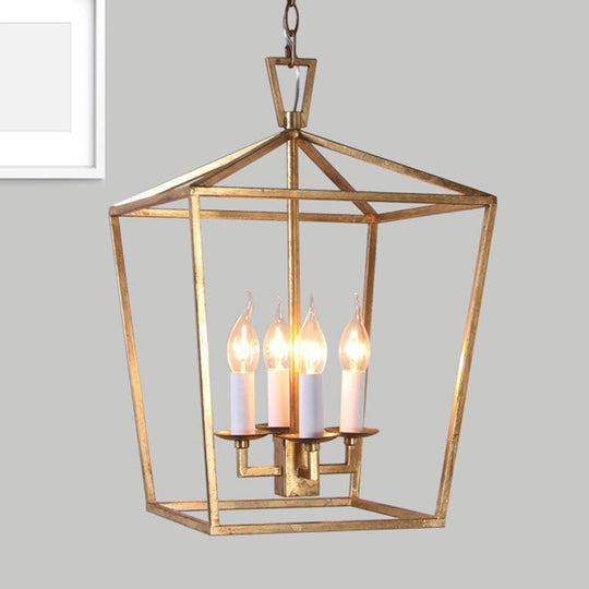 Gold Industrial Metal Pendant Light Fixture: Prismatic/Rhombus Cage Shade 4-Light Suspension /