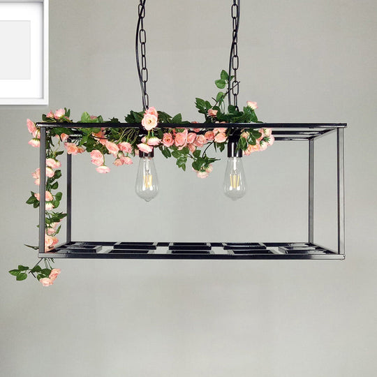 Vintage Metallic Rectangle Cage Hanging Lamp With Flower Decoration In Black - 2 Bulb Ceiling