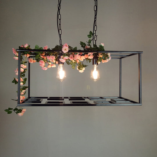 Vintage Metallic Rectangle Cage Hanging Lamp with Flower Decoration and 2 Bulbs - Black Ceiling Chandelier