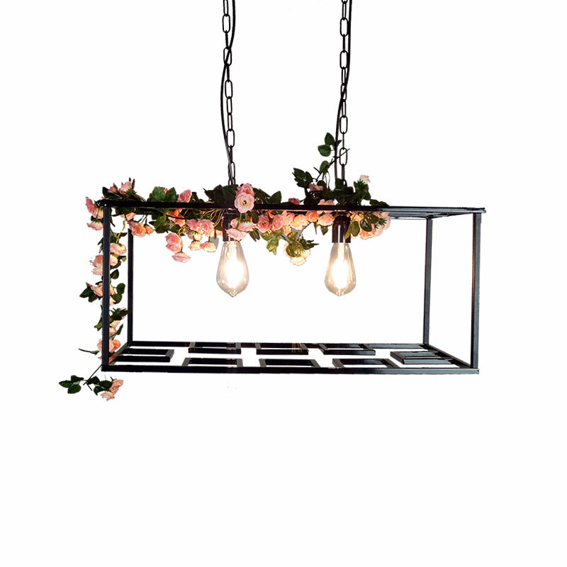 Vintage Metallic Rectangle Cage Hanging Lamp with Flower Decoration and 2 Bulbs - Black Ceiling Chandelier