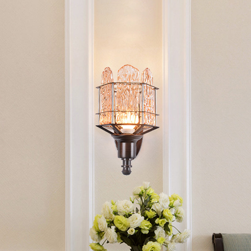 Contemporary Rippled Glass Wall Light Fixture With Metal Cage - Black Finish Flush Mount Sconce / D