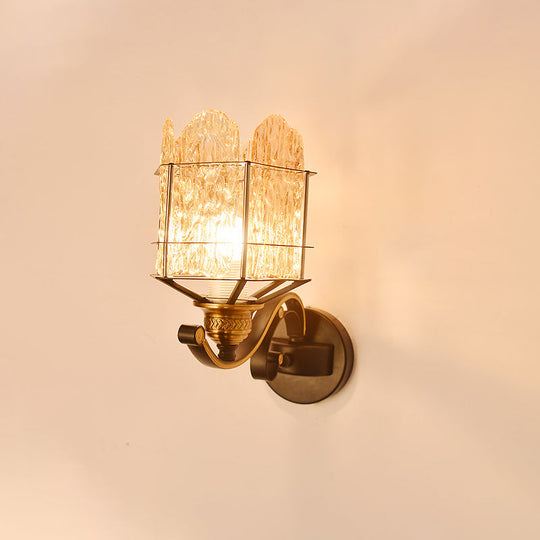 Contemporary Rippled Glass Wall Light Fixture With Metal Cage - Black Finish Flush Mount Sconce / C