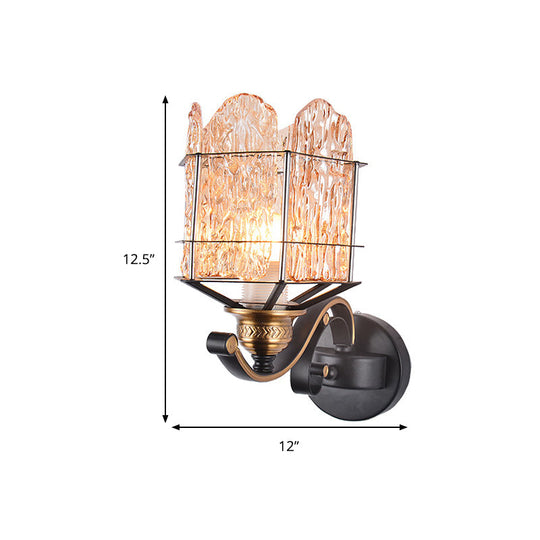 Contemporary Rippled Glass Wall Light Fixture With Metal Cage - Black Finish Flush Mount Sconce