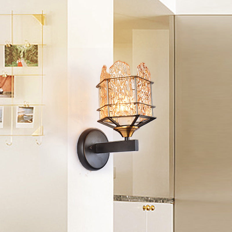 Contemporary Rippled Glass Wall Light Fixture With Metal Cage - Black Finish Flush Mount Sconce / B