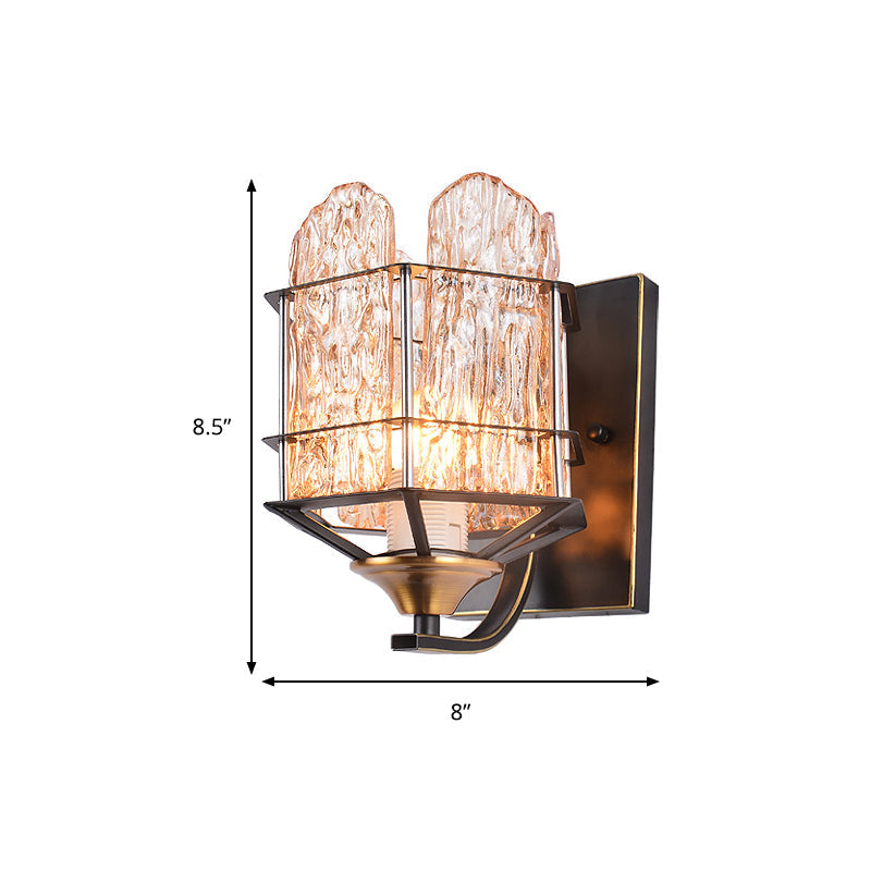Contemporary Rippled Glass Wall Light Fixture With Metal Cage - Black Finish Flush Mount Sconce