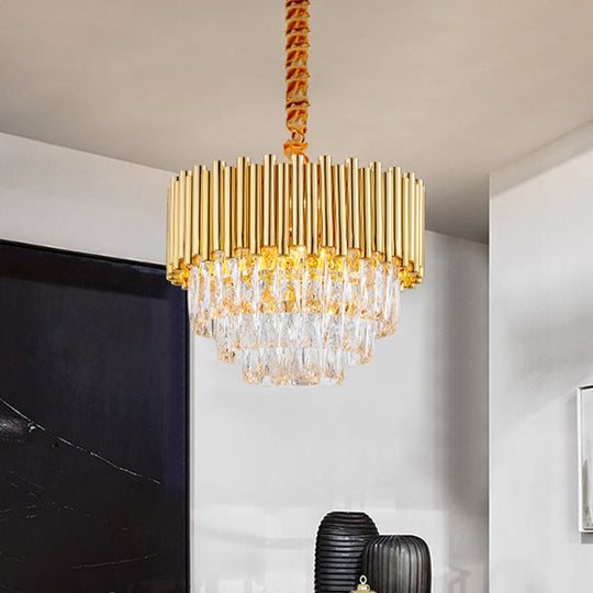 Modern Golden Layered Hanging Chandelier With Crystal Prism - 6/10/12 Bulb Pendant Light Fixture In