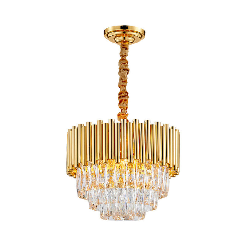 Modern Golden Layered Hanging Chandelier With Crystal Prism - 6/10/12 Bulb Pendant Light Fixture In