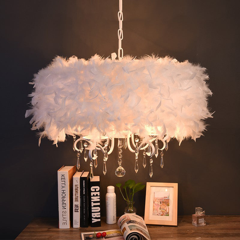 Modern White Feather Drum Shade Chandelier With 5 Lights - Stylish Suspension Light For Living Room