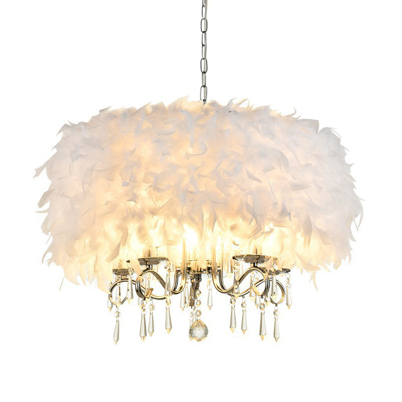 Modern White Feather Drum Shade Chandelier With 5 Lights - Stylish Suspension Light For Living Room