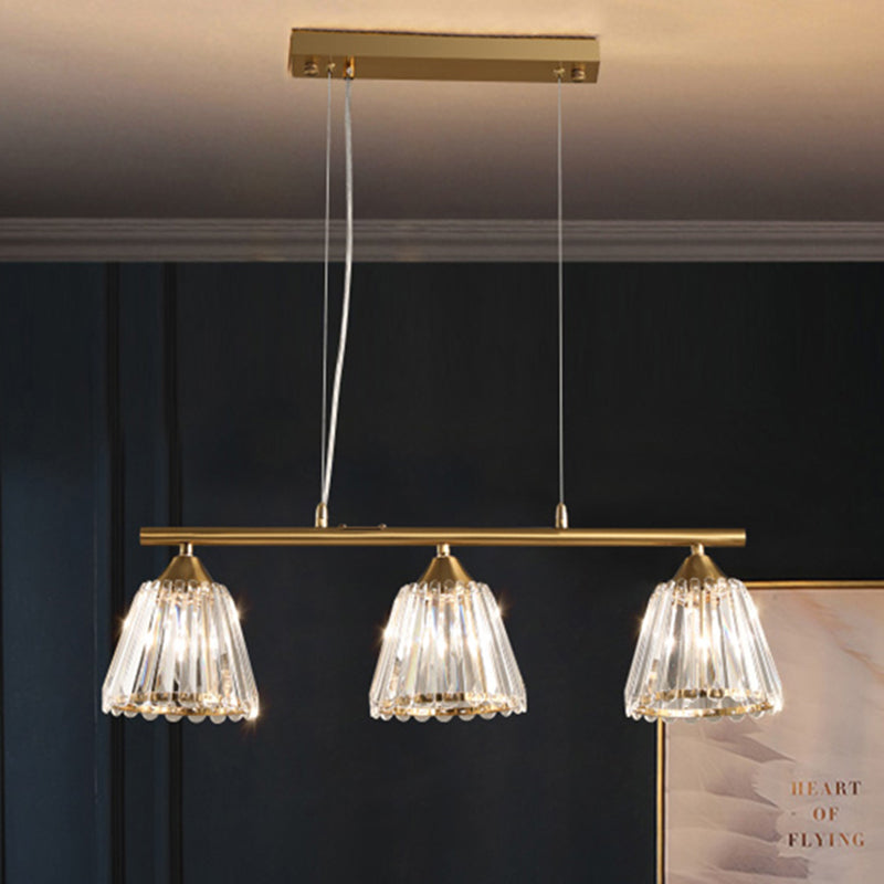 Linear Crystal Island Pendant Light With Conic Gold Shade - 3/4 Heads Modern Hanging Fixture 3 /