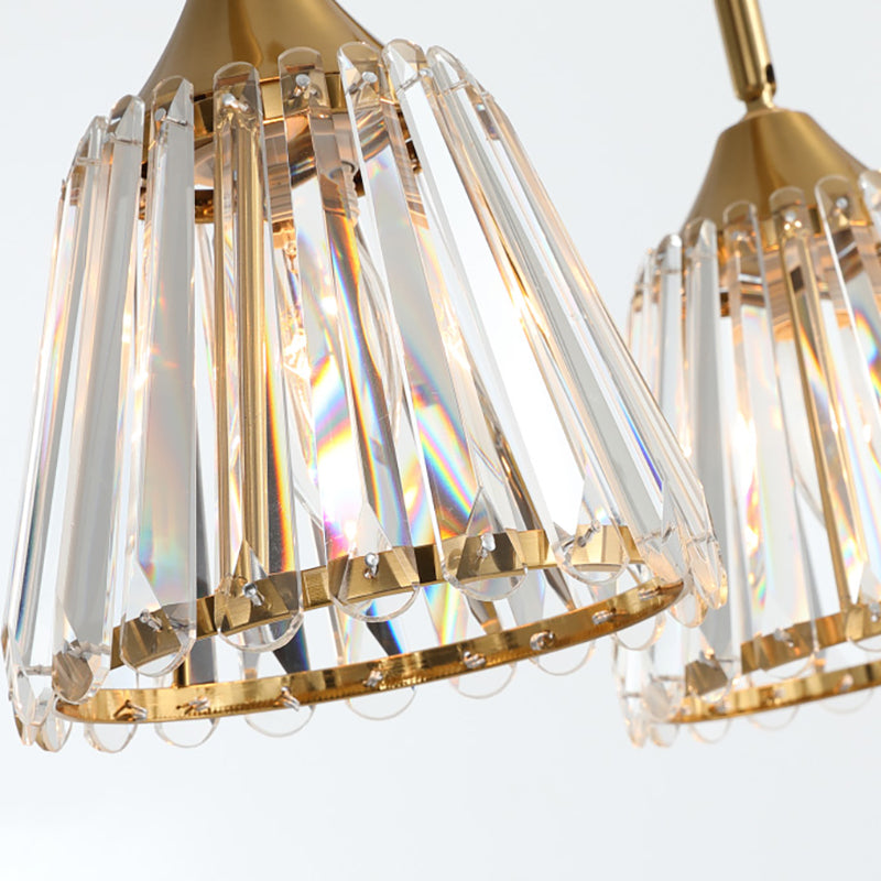 Linear Crystal Island Pendant Light With Conic Gold Shade - 3/4 Heads Modern Hanging Fixture
