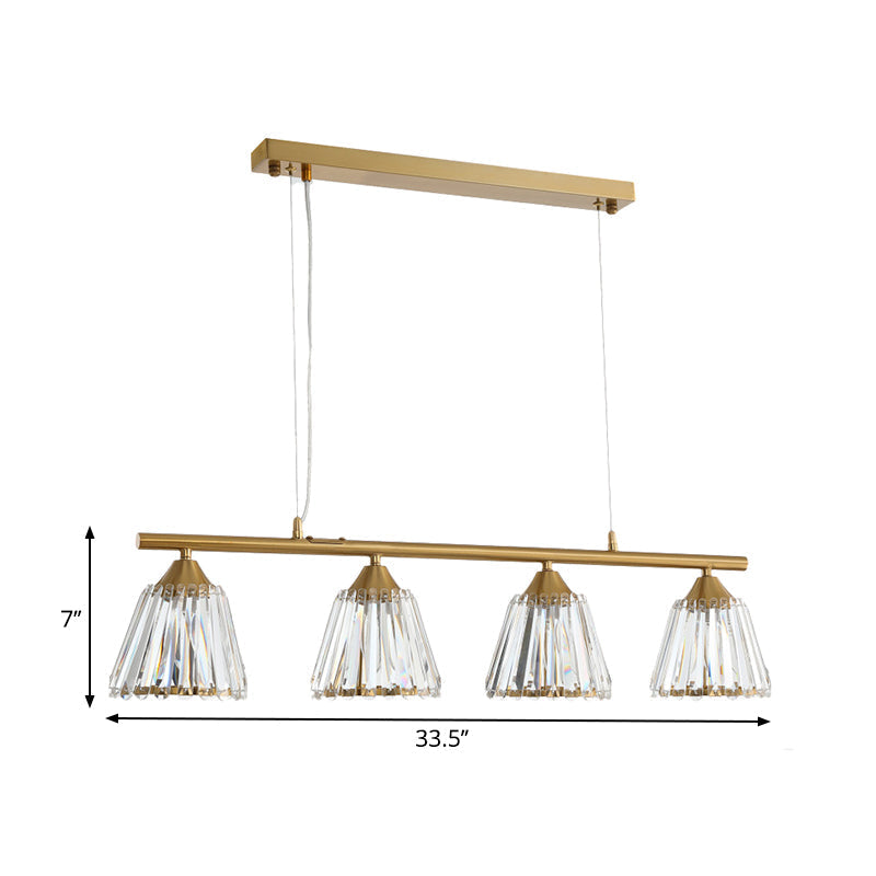 Linear Crystal Island Pendant Light With Conic Gold Shade - 3/4 Heads Modern Hanging Fixture