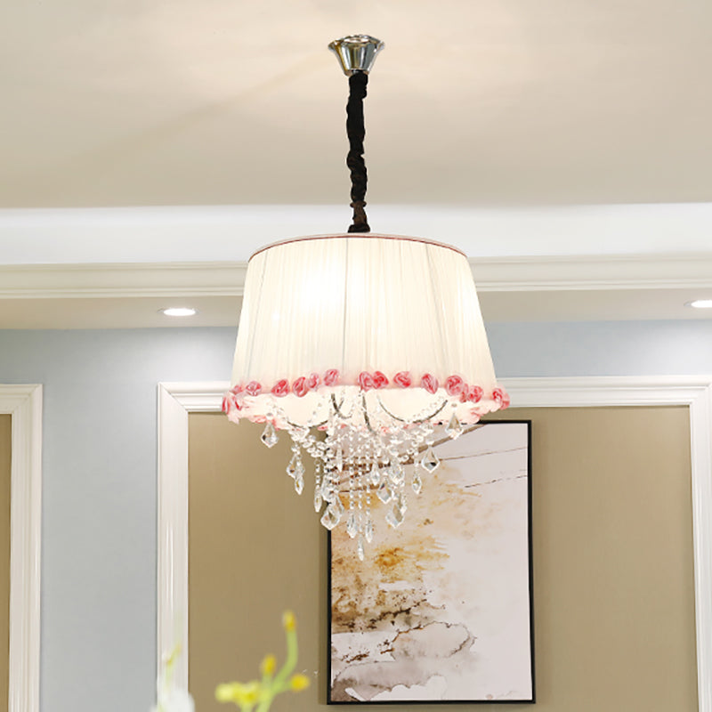 4-Light Tapered Chandelier Lamp: Modern Fabric Pendant Light With Clear Crystal Beads In White And