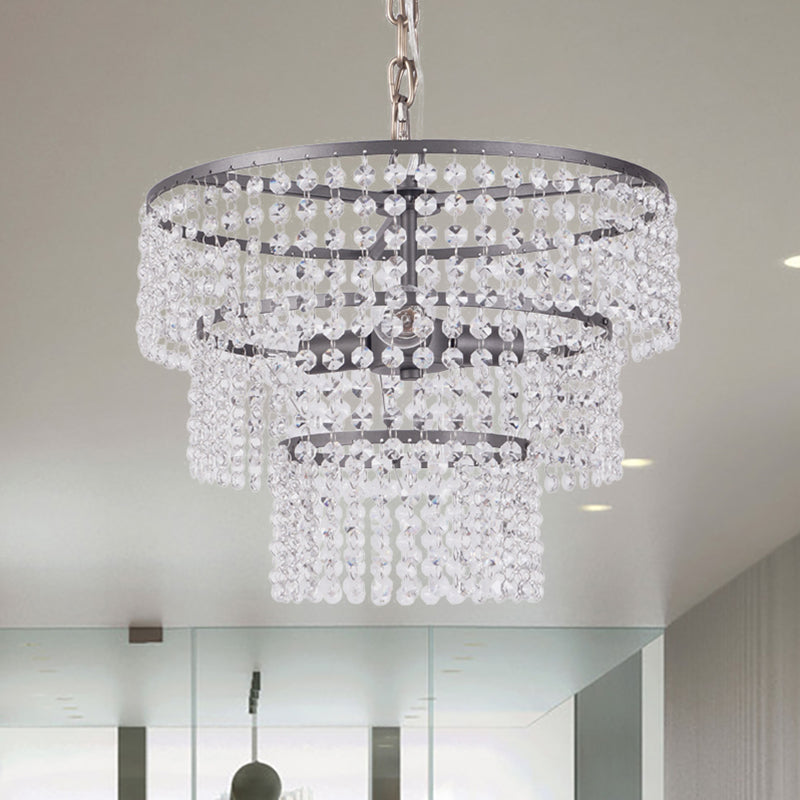 Modern Matte Black 3-Tier Round Hanging Lamp With Clear Crystal Bead Lighting