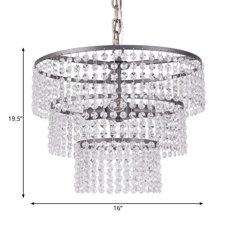 Modern Matte Black 3-Tier Round Hanging Lamp With Clear Crystal Bead Lighting