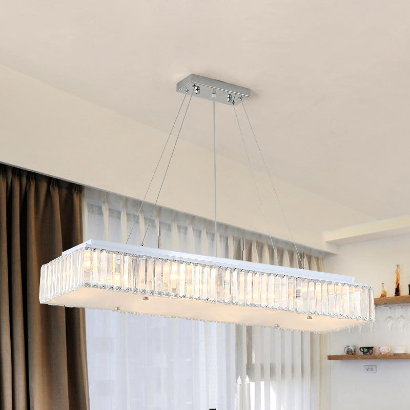 Modern White Chandelier: 8-Light Rectangular Pendant With Crystal Block And Glass Diffuser