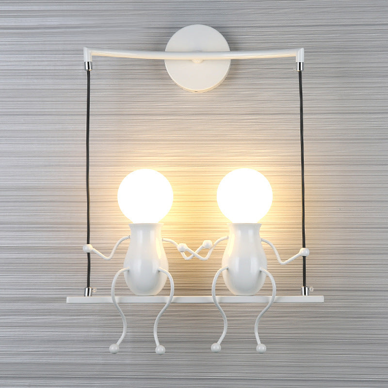 Kids Metal Sconce Light: Black/White/Red Little People 2 Lights Wall Fixture For Living Room