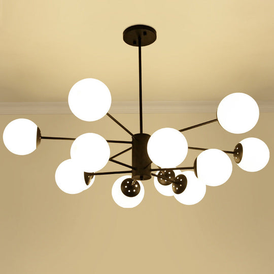 Modern Black 12-Light Chandelier With Frosted Glass Ball Shades - Perfect For Bedroom And Living