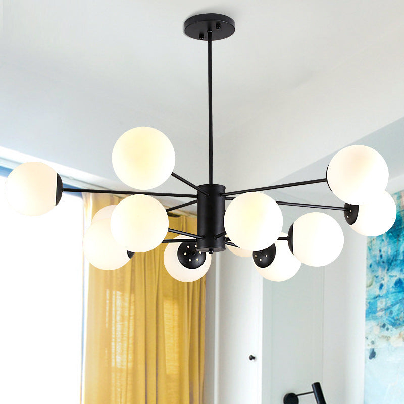 Modern Black 12-Light Chandelier With Frosted Glass Ball Shades - Perfect For Bedroom And Living