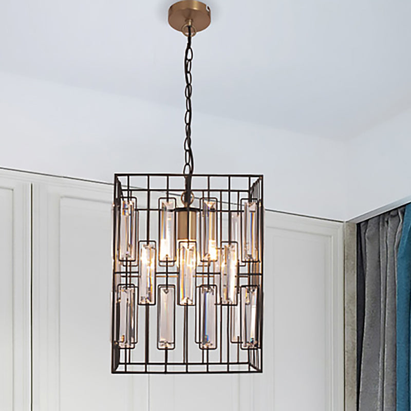 Industrial Metal Pendant Light With Crystal Accent For Restaurant - Black Cubic Cage Design / 8