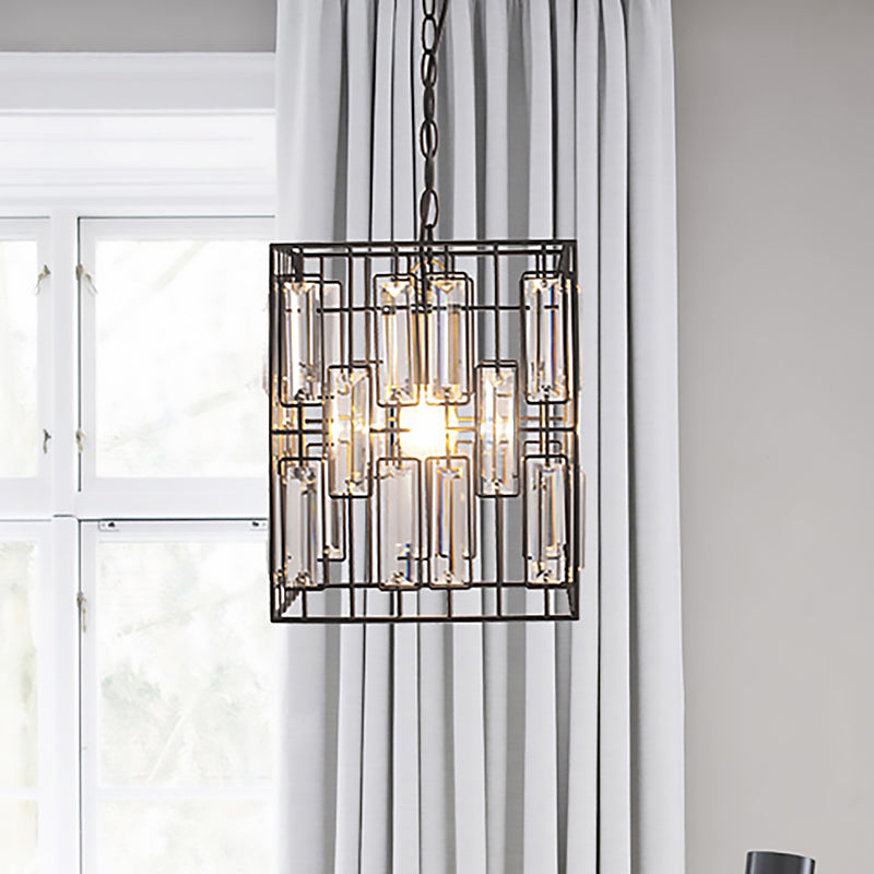 Industrial Metal Pendant Light With Crystal Accent For Restaurant - Black Cubic Cage Design