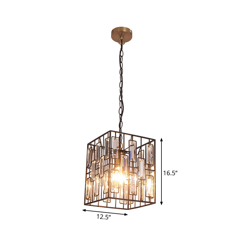 Industrial Metal Pendant Light With Crystal Accent For Restaurant - Black Cubic Cage Design